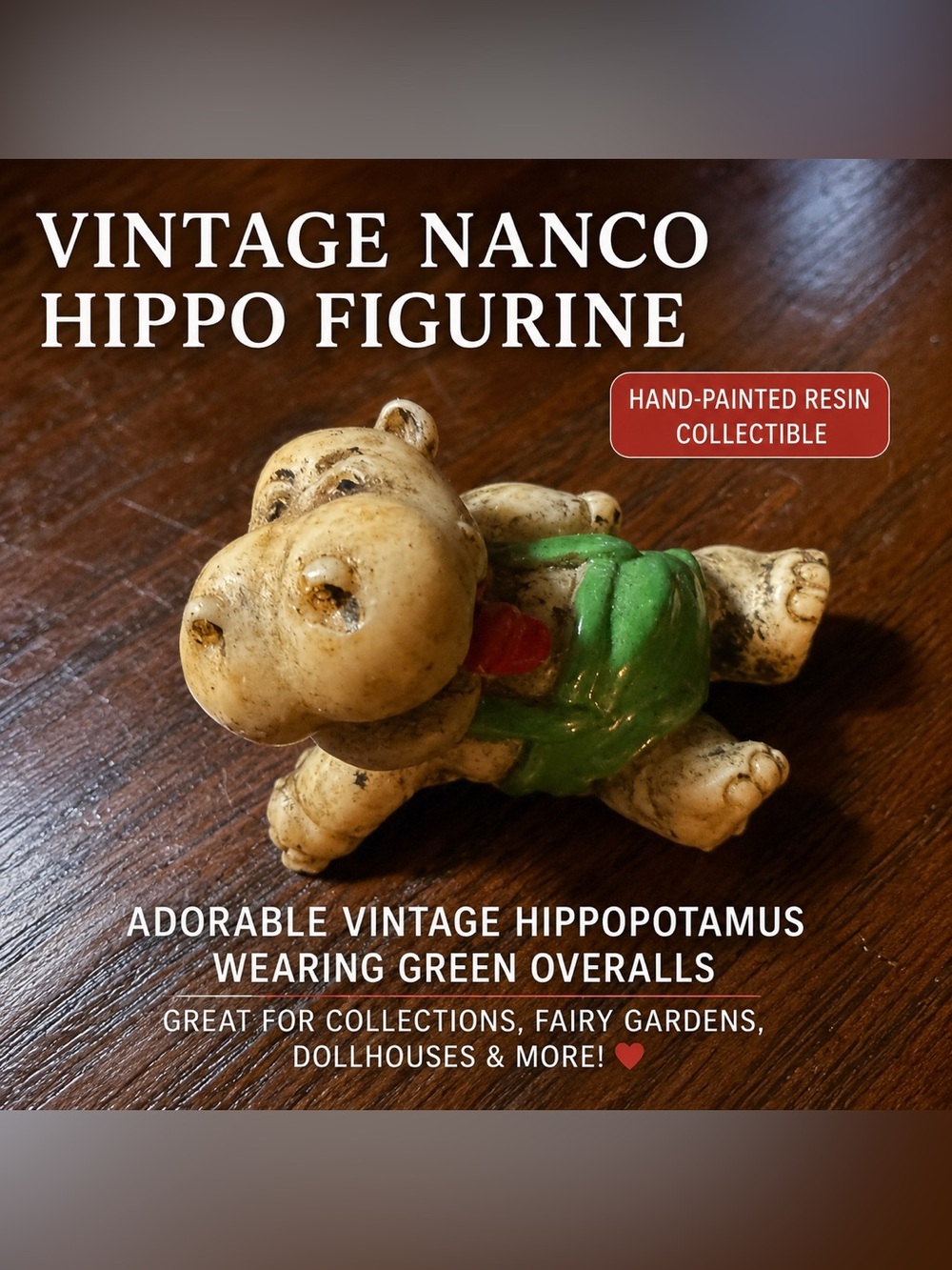 Vintage Nanco Hippo Figurine Mini Resin Hippopotamus Collectible Green Overalls